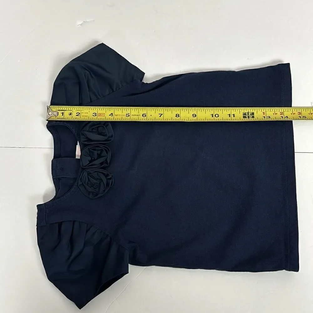 Janie & Jack Girls Top Shirt Size 3 Navy Blue Satin Sheen Rosettes And Sleeves